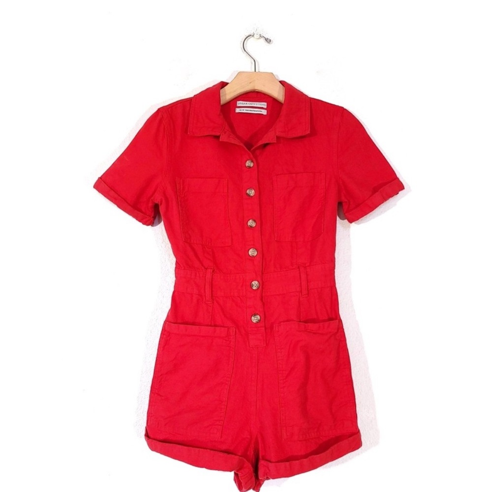 URBAN OUTFITTERS Carmen Workwear Short Sleeve Button Front Romper in Red XS
